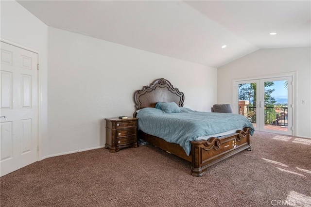 24101 Crowned Partridge Ln, Murrieta, CA 92562 - carpeted bedroom featuring access to outside, lofted ceiling, and recessed lighting