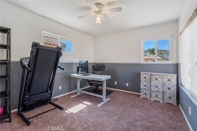 24101 Crowned Partridge Ln, Murrieta, CA 92562 - home office with healthy amount of natural light, ceiling fan, and carpet floors