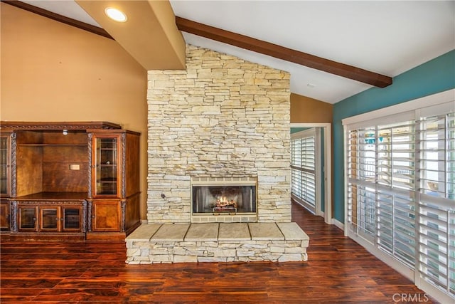 27470 Lakeview Dr, Helendale, CA 92342 - unfurnished living room featuring wood finished floors and a stone fireplace