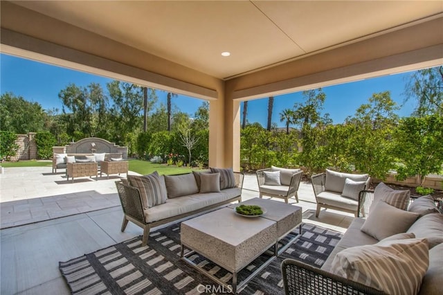 18 Sorrel, Lake Forest, CA 92630 - view of patio / terrace featuring outdoor lounge area and view of wooded area