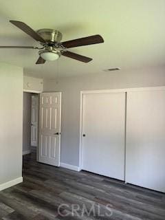 284 Celeste Dr, Riverside, CA 92507 - unfurnished bedroom featuring dark wood-type flooring, a closet, and ceiling fan