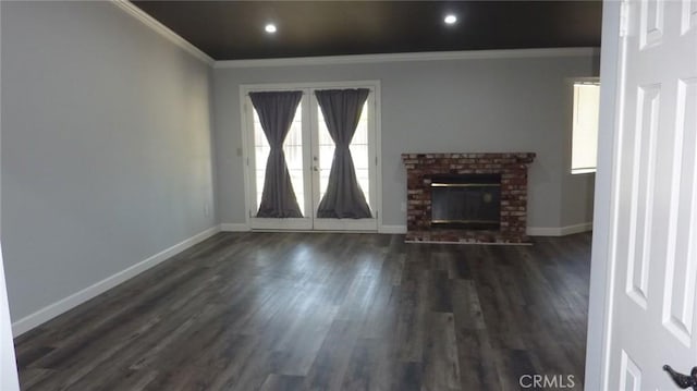 284 Celeste Dr, Riverside, CA 92507 - unfurnished living room featuring crown molding, dark wood-style floors, a fireplace, and recessed lighting