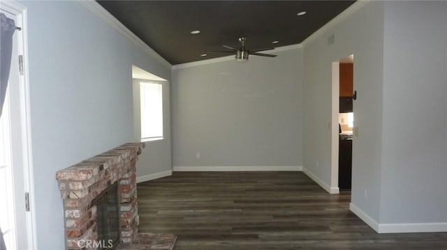 284 Celeste Dr, Riverside, CA 92507 - unfurnished living room featuring crown molding, dark wood-style flooring, ceiling fan, a fireplace, and recessed lighting