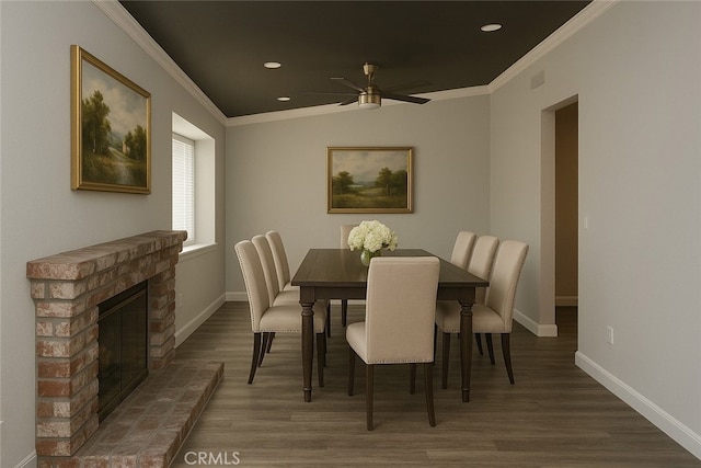 284 Celeste Dr, Riverside, CA 92507 - dining space with crown molding, ceiling fan, wood finished floors, a fireplace, and recessed lighting