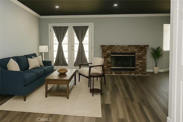 284 Celeste Dr, Riverside, CA 92507 - living room featuring wood finished floors, ornamental molding, recessed lighting, and a brick fireplace