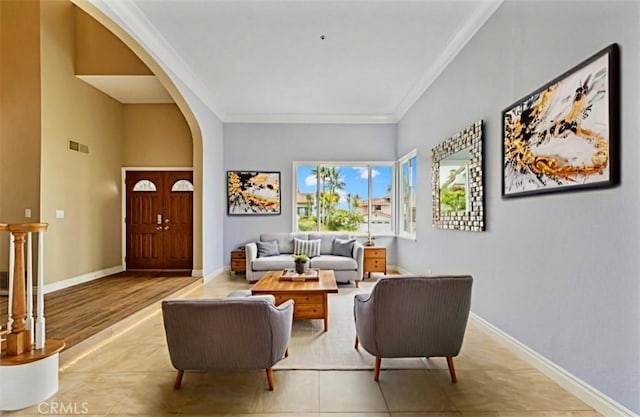 2938 Calle Gaucho, San Clemente, CA 92673 - living area featuring arched walkways, ornamental molding, and tile patterned flooring