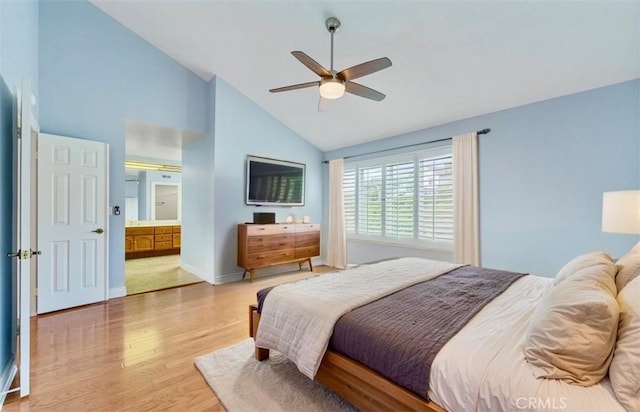2938 Calle Gaucho, San Clemente, CA 92673 - bedroom featuring light wood-type flooring, high vaulted ceiling, ensuite bath, and a ceiling fan