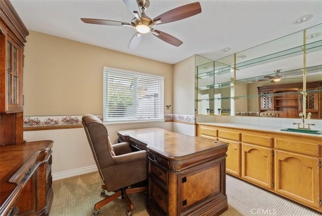 2938 Calle Gaucho, San Clemente, CA 92673 - home office with wainscoting, a ceiling fan, and light colored carpet