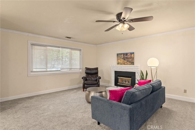 3030 Silverbell Rd, Chico, CA 95973 - living room with ornamental molding, carpet flooring, a brick fireplace, and baseboards