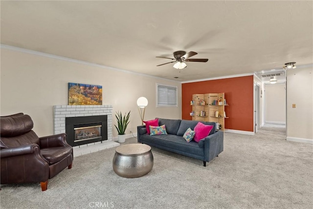 3030 Silverbell Rd, Chico, CA 95973 - living area featuring carpet floors, a ceiling fan, ornamental molding, baseboards, and a fireplace