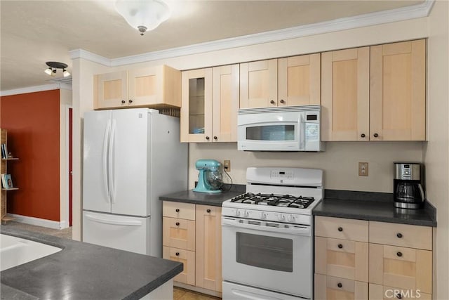 3030 Silverbell Rd, Chico, CA 95973 - kitchen with white appliances, light brown cabinets, dark countertops, ornamental molding, and glass insert cabinets