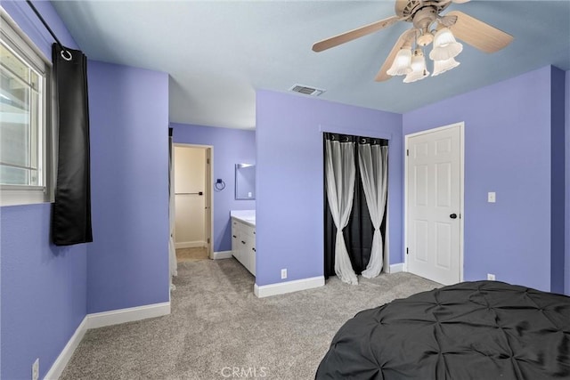 3030 Silverbell Rd, Chico, CA 95973 - bedroom featuring light carpet, a ceiling fan, and ensuite bath