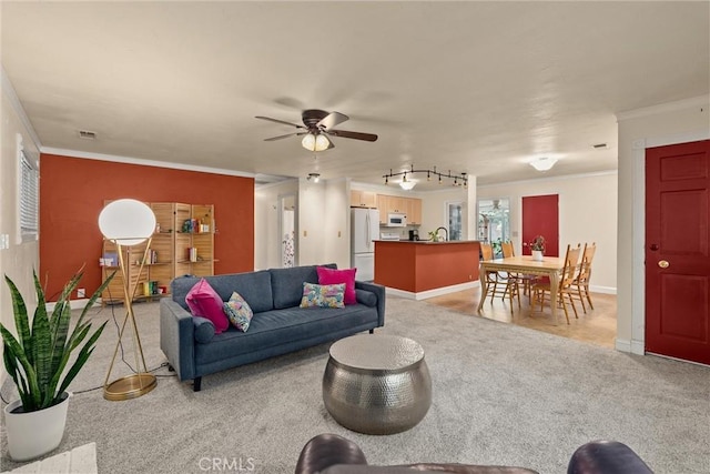 3030 Silverbell Rd, Chico, CA 95973 - living area featuring ornamental molding, light colored carpet, ceiling fan, and baseboards