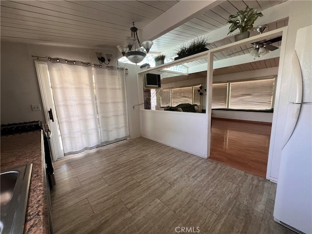 17139 E Newburgh St, Azusa, CA 91702 - unfurnished dining area featuring a chandelier, a sink, wooden ceiling, and wood finished floors