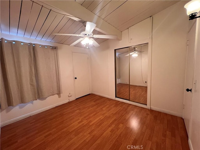 17139 E Newburgh St, Azusa, CA 91702 - unfurnished bedroom with wooden ceiling with exposed beams, wood finished floors, baseboards, a closet, and ceiling fan