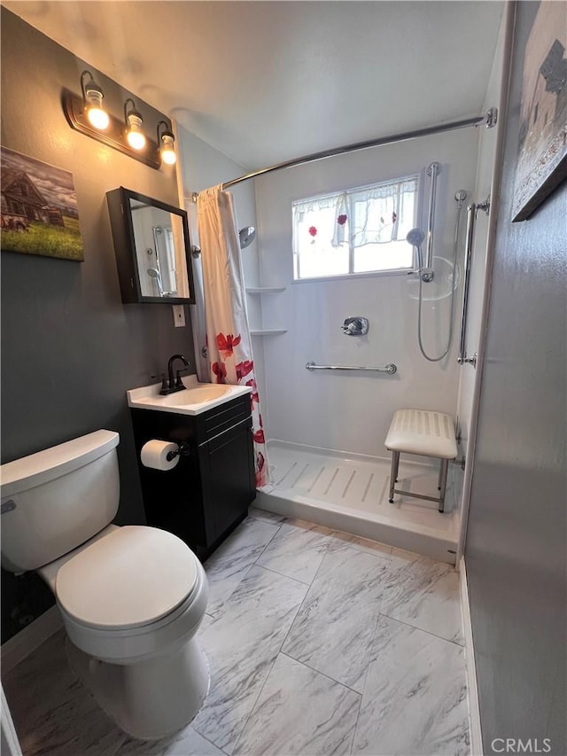 17139 E Newburgh St, Azusa, CA 91702 - bathroom featuring a stall shower, marble finish floors, vanity, and toilet