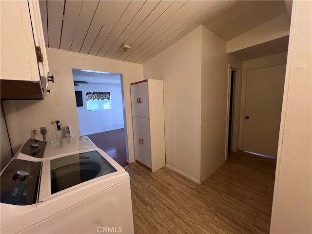17139 E Newburgh St, Azusa, CA 91702 - laundry area featuring cabinet space, wood ceiling, washer / clothes dryer, and baseboards