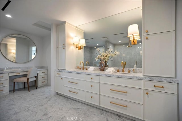 9363 Dinsdale St, Downey, CA 90240 - full bathroom with double vanity, a marble finish shower, and marble finish floors