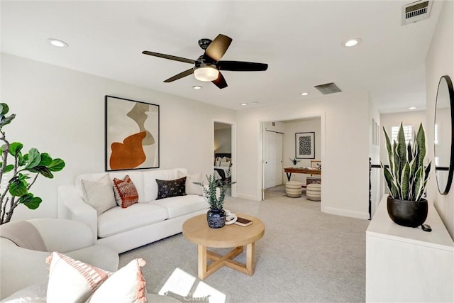 55 Fairfield, Lake Forest, CA 92610 - living room featuring ceiling fan, light colored carpet, and recessed lighting