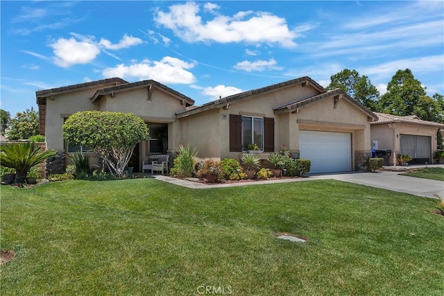 11244 Sega Ln, Fontana, CA 92337 - ranch-style home featuring an attached garage, a front lawn, stucco siding, and concrete driveway