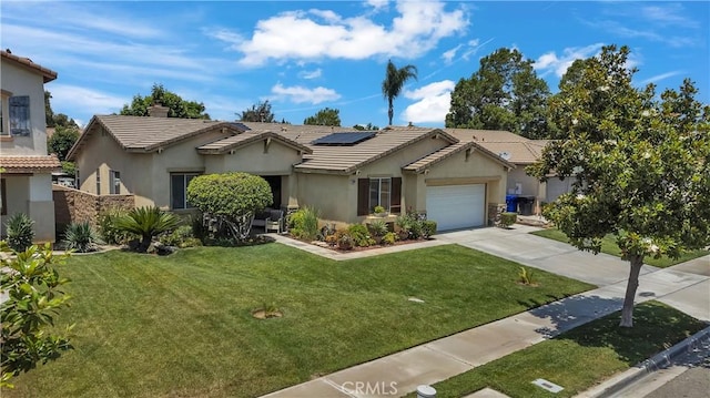 11244 Sega Ln, Fontana, CA 92337 - ranch-style house featuring concrete driveway, solar panels, an attached garage, and stucco siding
