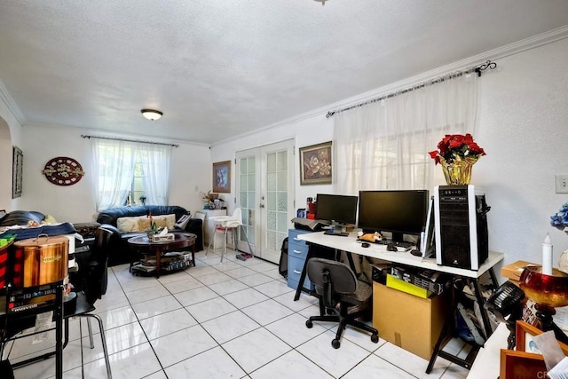 1965 Galvez Ct, San Diego, CA 92154 - office space with french doors, crown molding, light tile patterned floors, and a textured ceiling