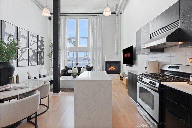 4215 Glencoe Ave Unit 407, Marina Del Rey, CA 90292 - kitchen featuring stainless steel range with gas stovetop, dark cabinets, light wood-style floors, light countertops, and a fireplace