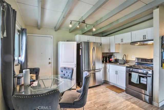 26737 Cypress St, Highland, CA 92346 - kitchen featuring appliances with stainless steel finishes, under cabinet range hood, a sink, and white cabinetry