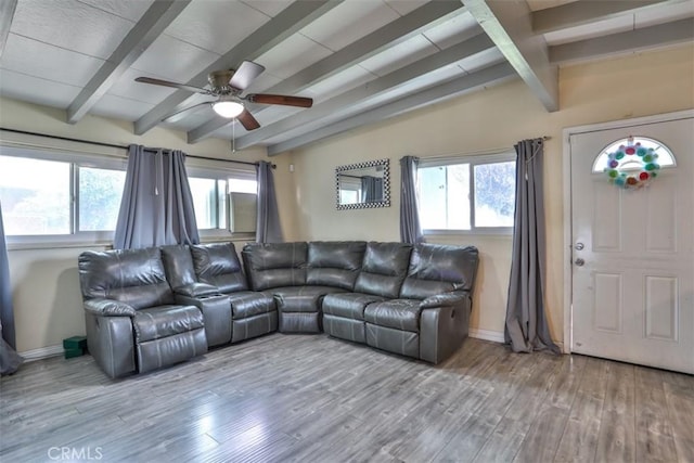 26737 Cypress St, Highland, CA 92346 - living room featuring baseboards, wood finished floors, ceiling fan, and plenty of natural light
