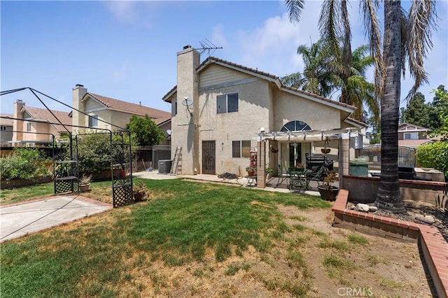 13519 Fremont St, Fontana, CA 92336 - back of property with a patio area, a fenced backyard, stucco siding, a pergola, and a chimney