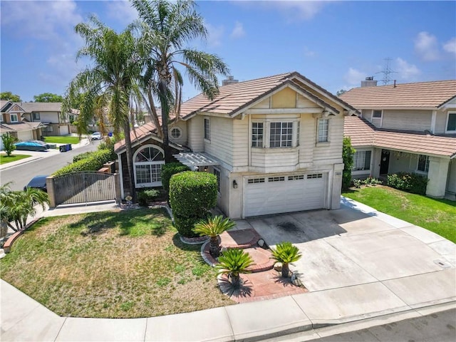 13519 Fremont St, Fontana, CA 92336 - traditional-style house featuring an attached garage, concrete driveway, a tiled roof, a gate, and stucco siding