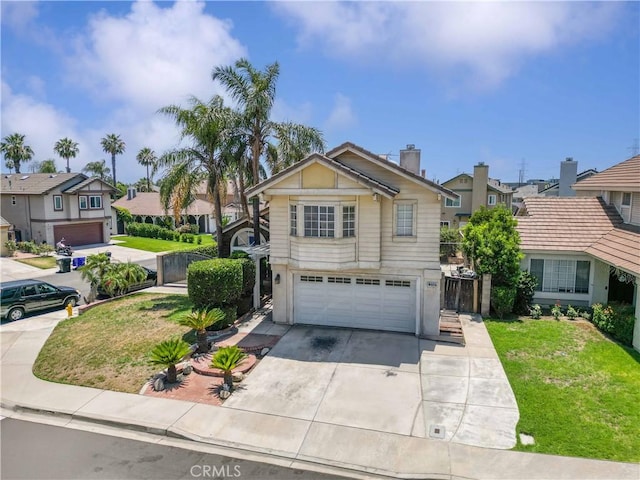 13519 Fremont St, Fontana, CA 92336 - traditional-style house with a garage, a residential view, concrete driveway, a front lawn, and a chimney