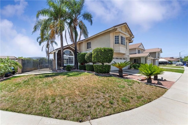 13519 Fremont St, Fontana, CA 92336 - view of front facade with a gate, an attached garage, concrete driveway, and a front lawn