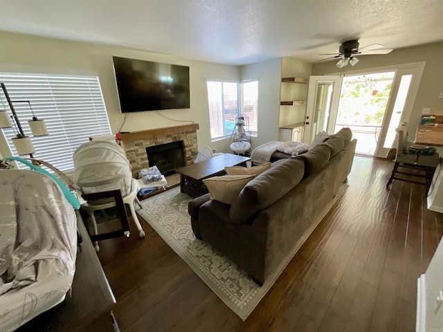 1917 Tecate, Escondido, CA 92029 - living area with a ceiling fan, a fireplace, dark wood-type flooring, and a textured ceiling