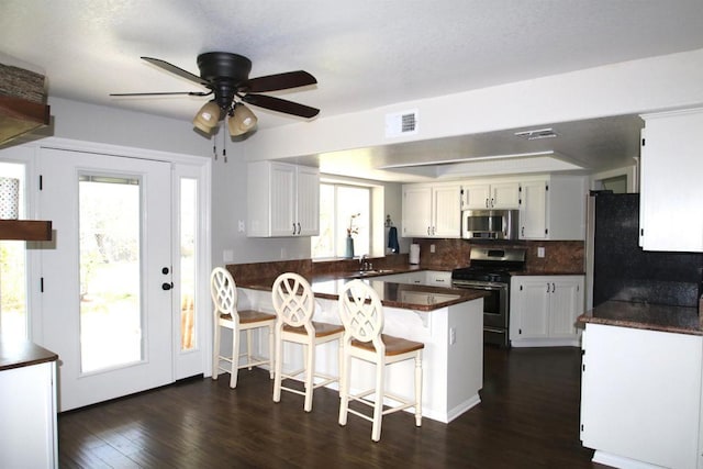 1917 Tecate, Escondido, CA 92029 - kitchen with stainless steel appliances, dark countertops, a ceiling fan, white cabinetry, and plenty of natural light