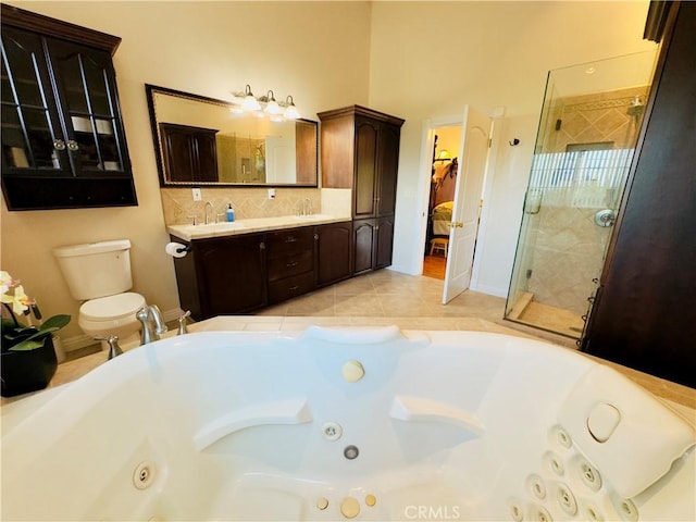 14542 Los Robles Ave, Hacienda Heights, CA 91745 - full bath featuring a whirlpool tub, a stall shower, double vanity, and decorative backsplash