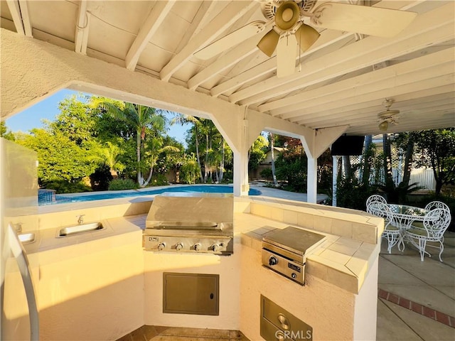 14542 Los Robles Ave, Hacienda Heights, CA 91745 - view of patio / terrace featuring ceiling fan, exterior kitchen, an outdoor pool, and outdoor dining space