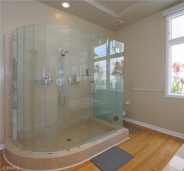 2637 Via Olivera, Palos Verdes Estates, CA 90274 - bathroom featuring a shower stall, wood finished floors, healthy amount of natural light, baseboards, and recessed lighting