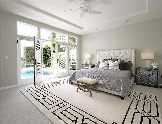 2637 Via Olivera, Palos Verdes Estates, CA 90274 - bedroom featuring access to exterior, carpet flooring, a tray ceiling, baseboards, and ceiling fan