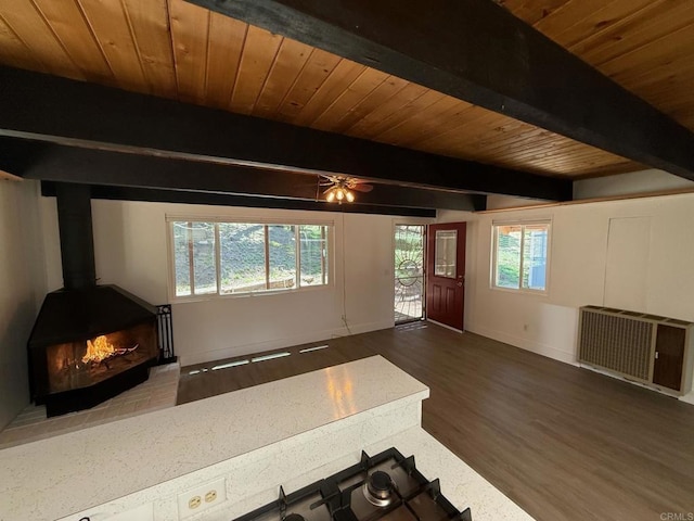 21803 Crestline Rd, Palomar Mountain, CA 92060 - unfurnished living room featuring wood finished floors, wood ceiling with exposed beams, baseboards, a ceiling fan, and radiator