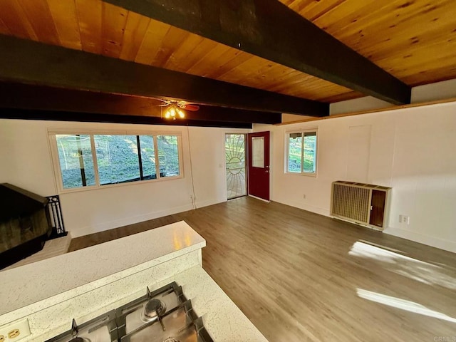 21803 Crestline Rd, Palomar Mountain, CA 92060 - unfurnished living room featuring wood finished floors, wooden ceiling with exposed beams, baseboards, and ceiling fan