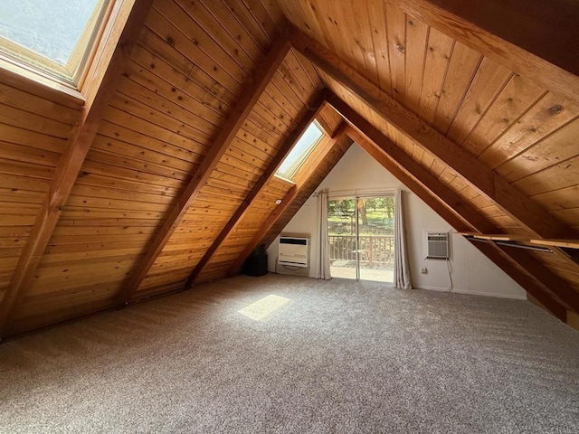 21803 Crestline Rd, Palomar Mountain, CA 92060 - bonus room with wooden ceiling, a wall mounted air conditioner, carpet, a skylight, and heating unit