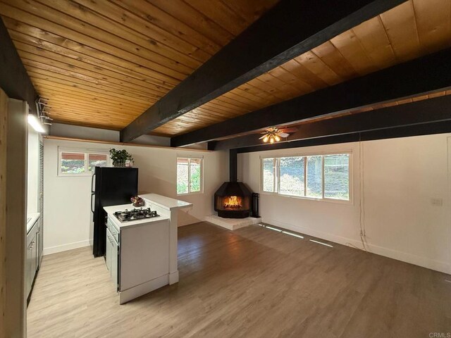 21803 Crestline Rd, Palomar Mountain, CA 92060 - kitchen with light wood-style floors, a wood ceiling with exposed beams, freestanding refrigerator, a wood stove, and open floor plan