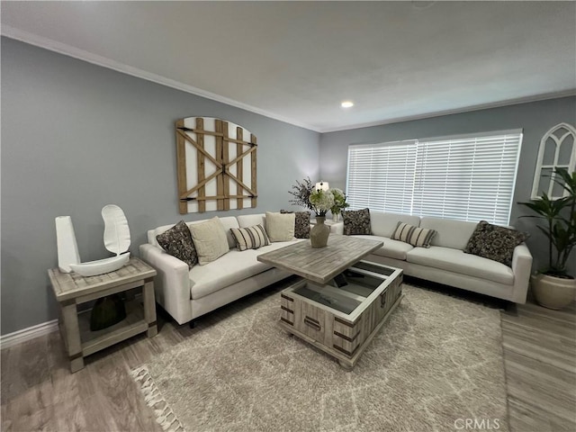 14726 Osage Rd, Apple Valley, CA 92307 - living area featuring wood finished floors, ornamental molding, and recessed lighting