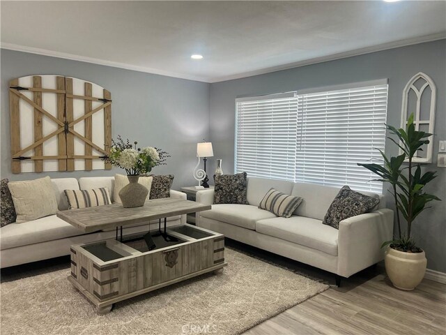14726 Osage Rd, Apple Valley, CA 92307 - living area featuring ornamental molding, light wood-style flooring, and recessed lighting