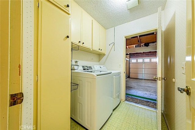 1736 Island Dr, Fullerton, CA 92833 - washroom featuring wallpapered walls, cabinet space, washer and dryer, and a textured ceiling