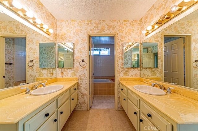 1736 Island Dr, Fullerton, CA 92833 - full bath with two vanities, wallpapered walls, and a textured ceiling