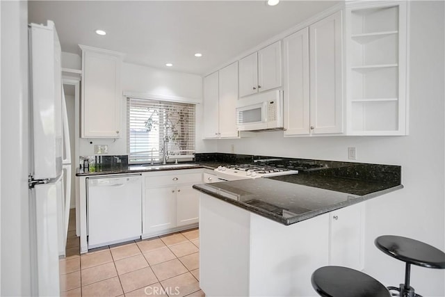 806 E Laurel Oak Dr, Azusa, CA 91702 - kitchen featuring white appliances, open shelves, a peninsula, white cabinets, and recessed lighting
