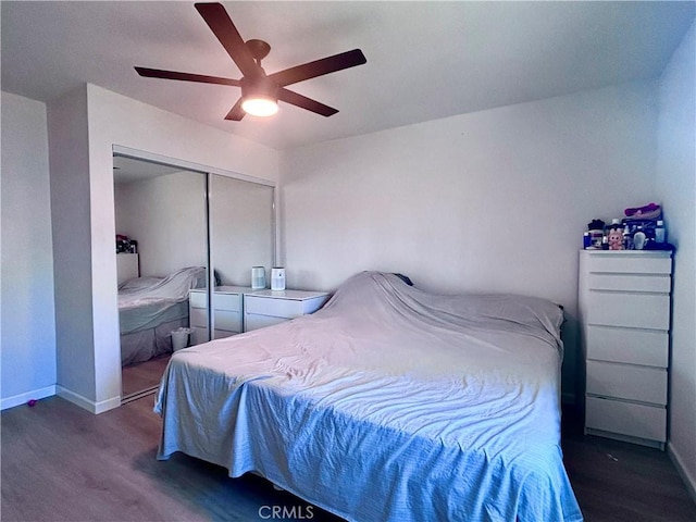 2969 Crestwood Pl, Riverside, CA 92503 - bedroom with wood finished floors, baseboards, a closet, and a ceiling fan