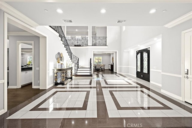 2600 S 2nd Ave, Arcadia, CA 91006 - foyer featuring inlaid floor details, french doors, stairs, recessed lighting, and crown molding